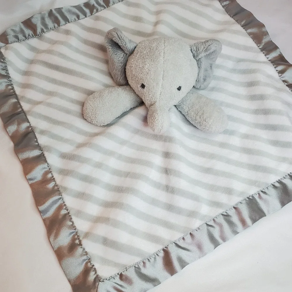 CLOUD ISLAND Elephant Gray White Striped w Satin Baby Security Blanket Lovey Toy